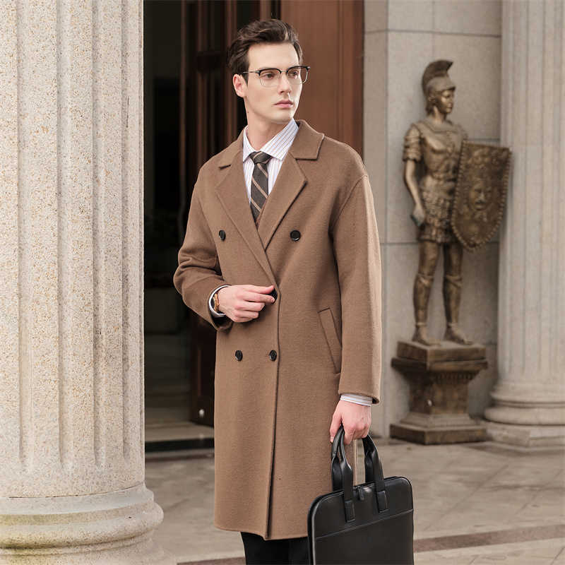 Men's Men's Wool 100% Blends merino wool coat casual solid color coat loose lapel double-breasted double-sided wool coat long pocket D2609