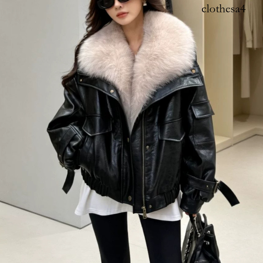 Sweet and cool functional style fox fur thickened top for women, new winter multi-pocket versatile leather jacket