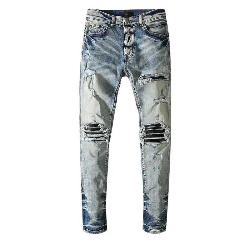 Men's Fashionable Light Blue Jeans with Perforated Patches Elastic Slim Fit for High Street Hip-Hop Style S26092147G2