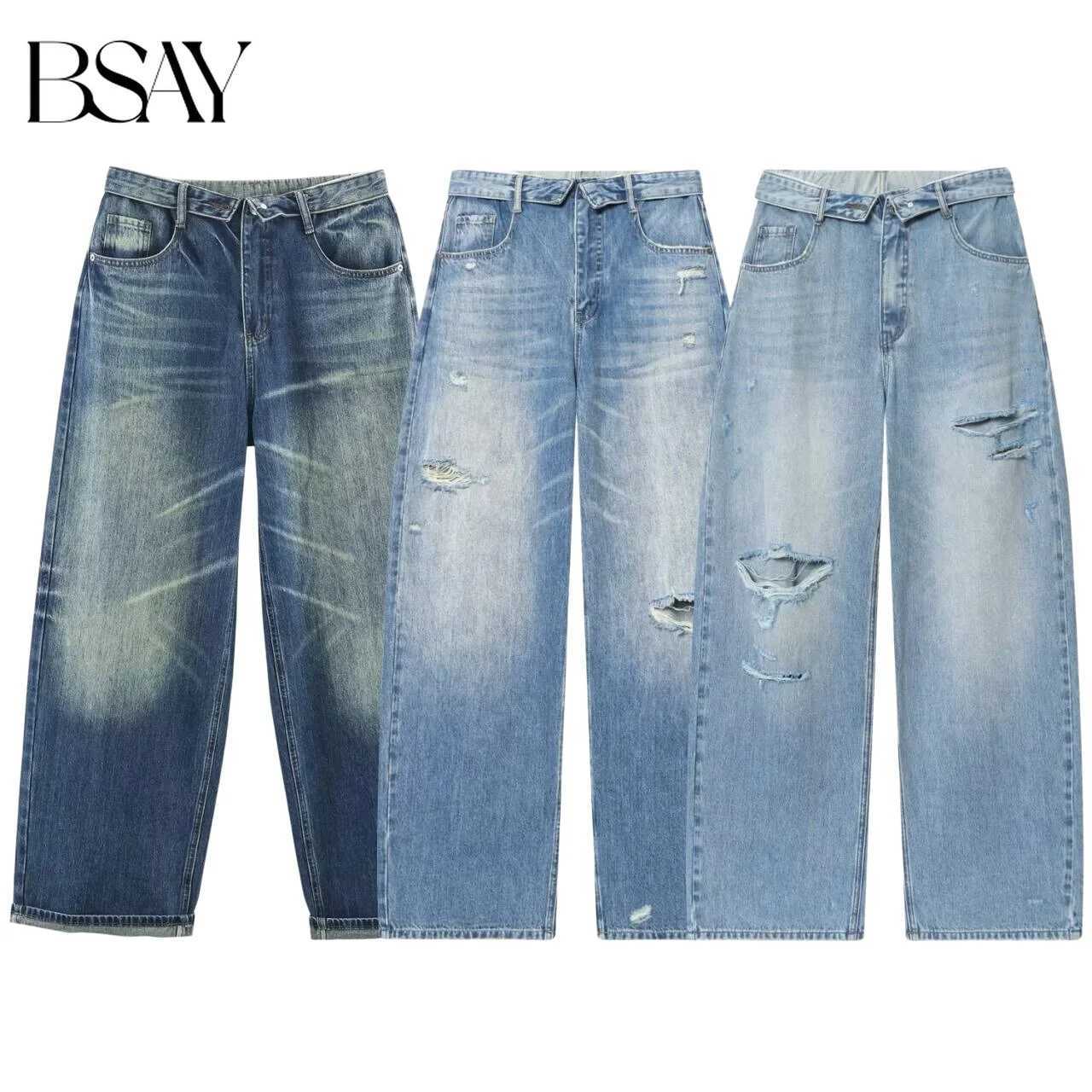 BSAY New Women Mid Waist Ripped Distressed Wide Leg Jeans Vintage Washed Loose Denim Pants Casual Streetwear Baggy Trousers S260921X7GB