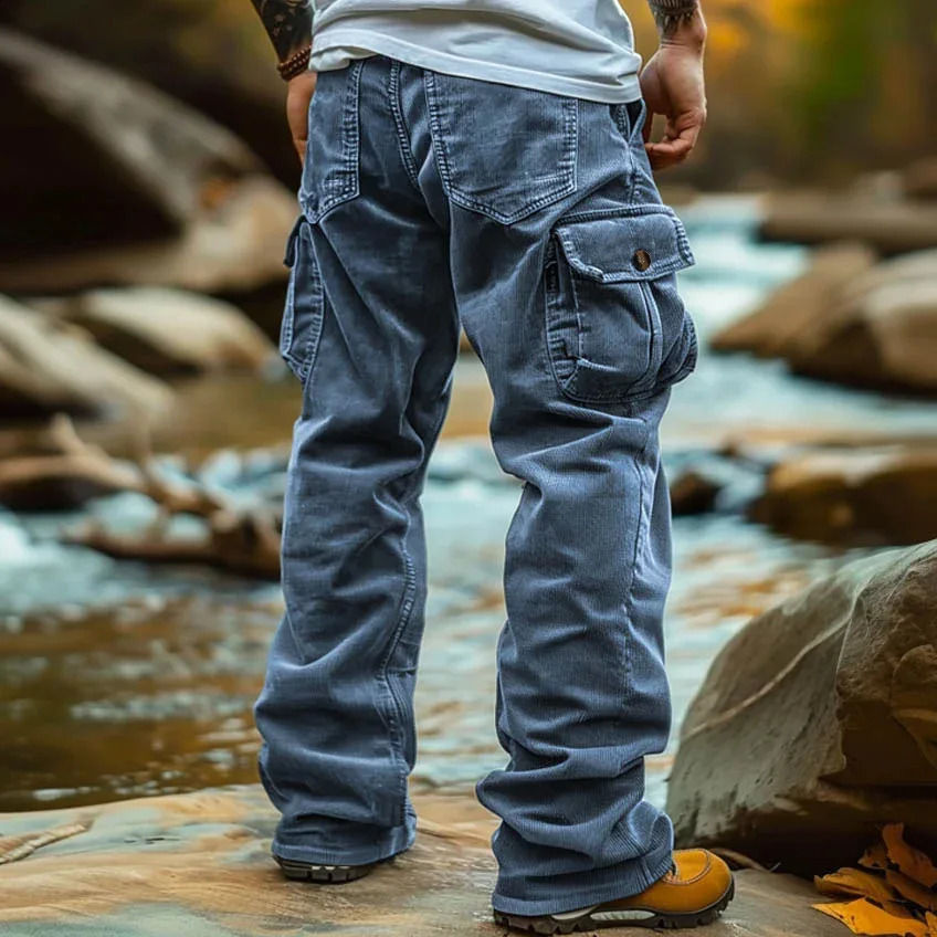 Pantaloni cargo a gamba larga dritti in velluto a coste retrò per uomo Pantaloni multi-tasca vestibilità comoda streetwear da trekking campeggio pan