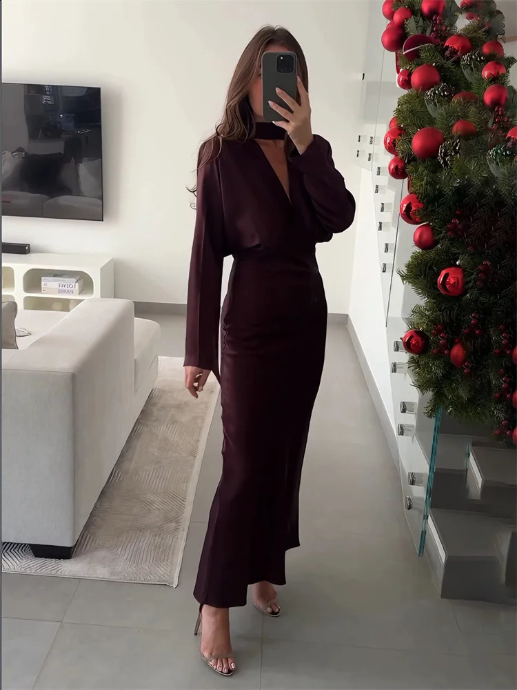 Satin Elegant Fashion Long Dress Female Lace-Up Scarf V-Neck Autumn Party Dress Gown Women's Commute Bodycon Dress 260920