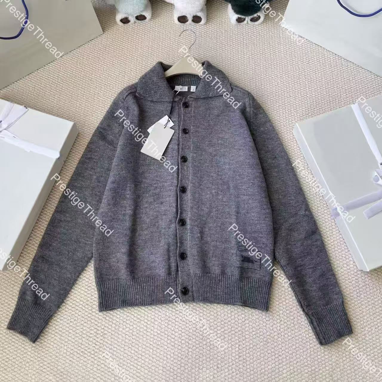High-Quality Designer Men's Sweaters, Polo Collar, Elbow Patches, Cashmere Cardigan with Prancing Horse Logo Jacquard, Polo Collar Knit Cardiga