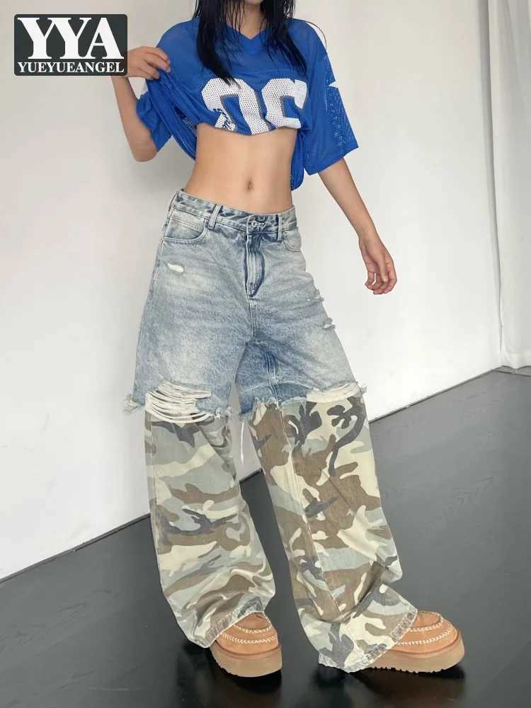 Summer Womens Camouflage Spliced False Two Piece Wide Leg Jeans Loose Fit Casual Denim Pants Spring Streetwear Female Trousers S260921M6MU