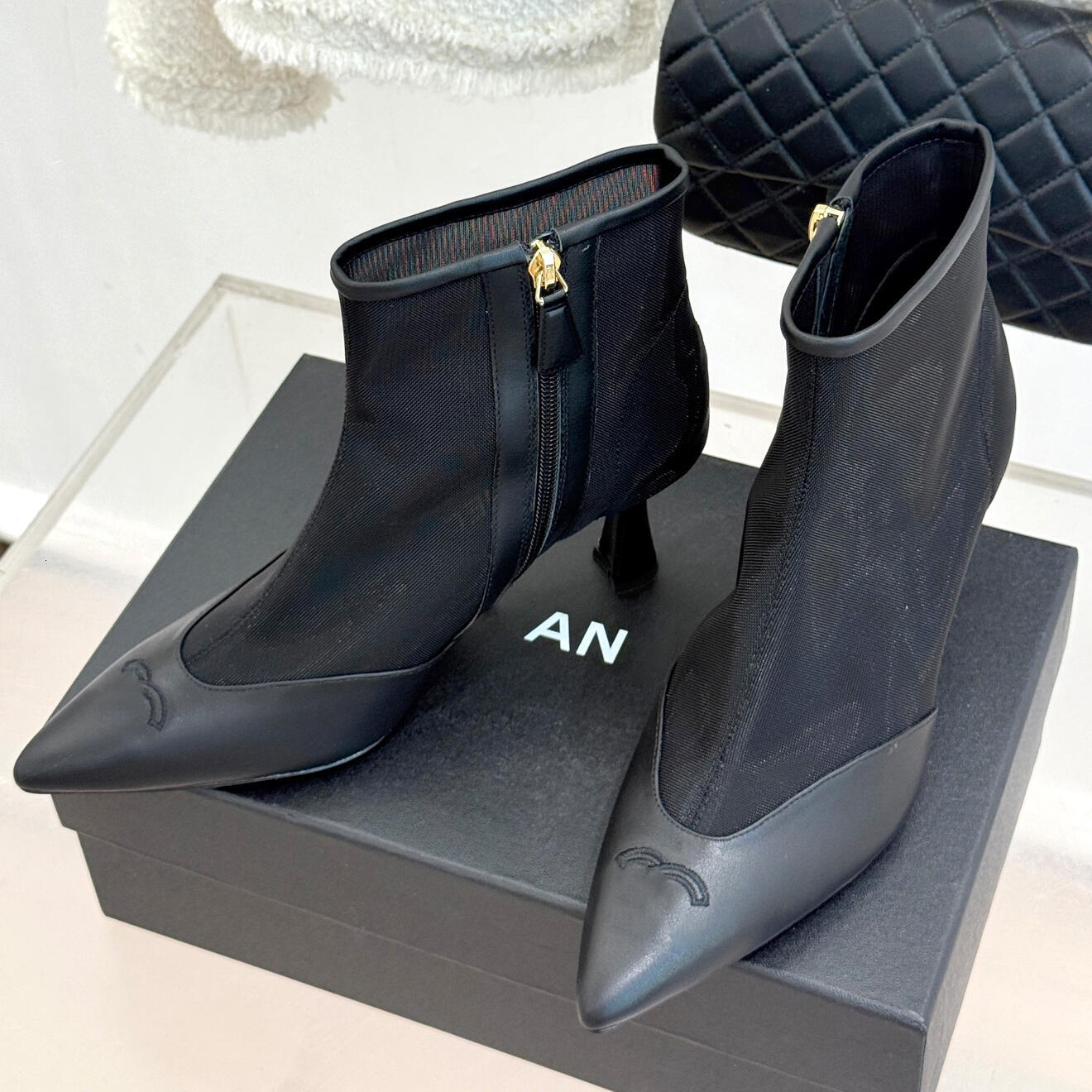 High quality Half Booties Elegant Party Mesh Genuine Leather Designer boot Side Zipper Women High Heel Dress shoe Pointed toe Suede Fashion Outdoor