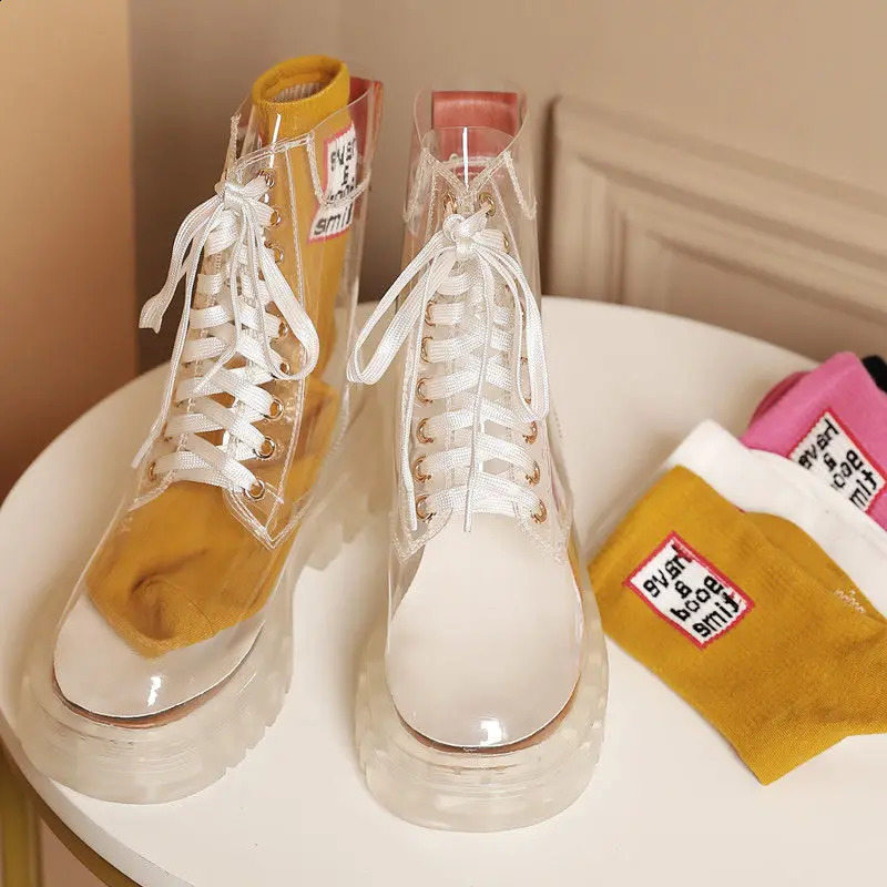Botas de plataforma transparentes, botines impermeables a la moda para mujer, botas cortas de tacón transparente para mujer, zapatos de lluvia sexis