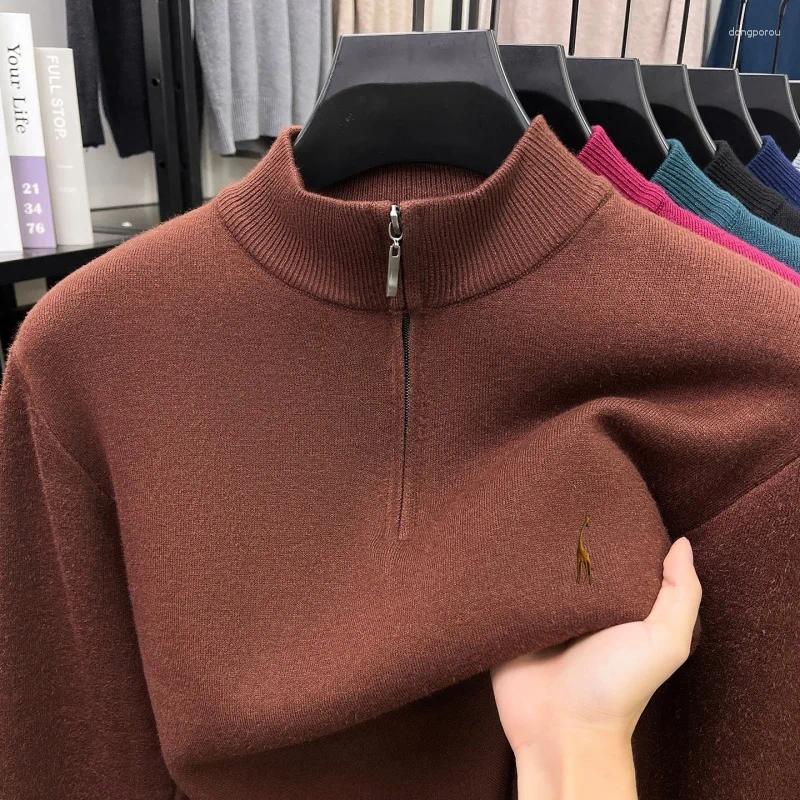 -Selling Men's Fleece Pullover Sweater Fashion Casual Animal Embroidery High Neck Half-Zip Warmth Retention Mens Tops