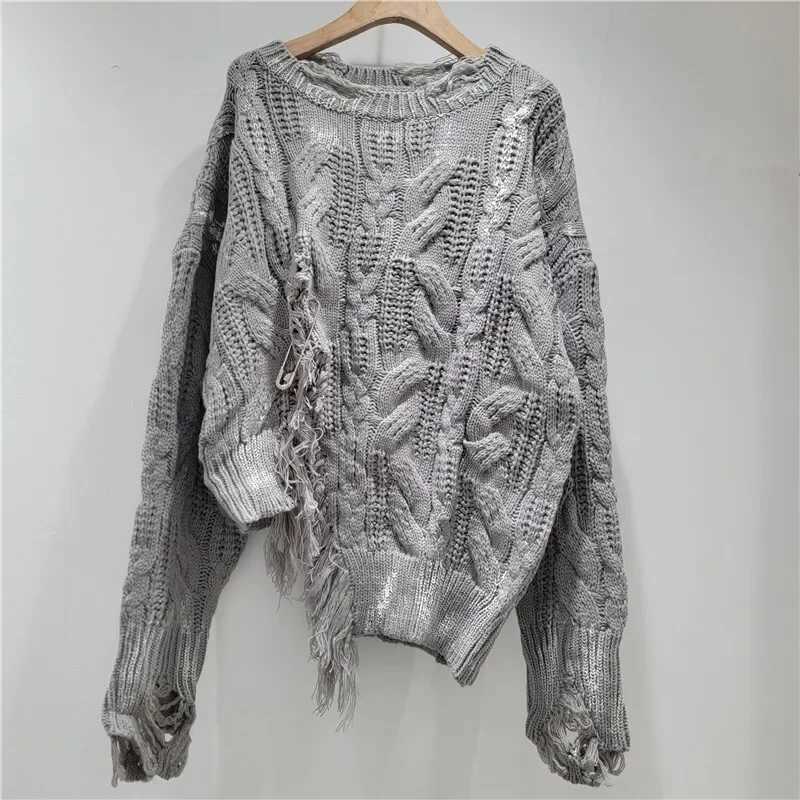 Women's Knitted Pullover Loose Broken Holes Split Irregular Long Sleeve O-neck Sweaters 2026 New Fashion Autumn S260921LYN2