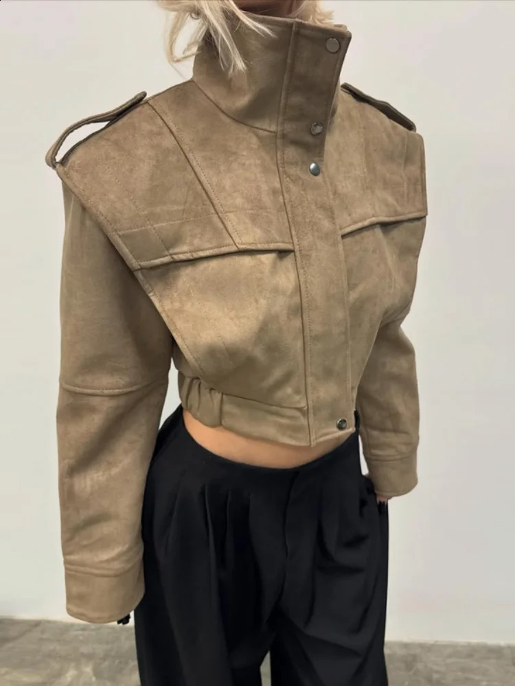 Suede Cropped Jacket WideShoulder n ZipUp StandCollar 2026 Winter Women Outerwear Fashion Casual Lady FauxSuede Coat 260920