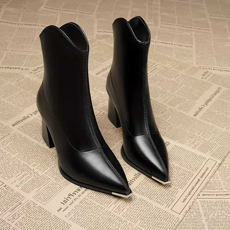 Black Boots Women's 2025 Winter Pointed Toe Cowboy Boots - Chunky Heel Zip Ankle Boots Patent Leather Fashion Party Boots H260921