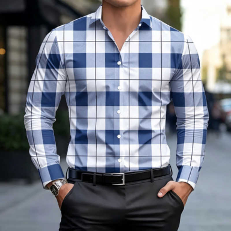 Long Men's Men's Casual Shirts Sleeved Shirt with Large Grid Men's Lapel Long Sleeved Shirt Classic Grid Slim Fit Shirt Versatile Men