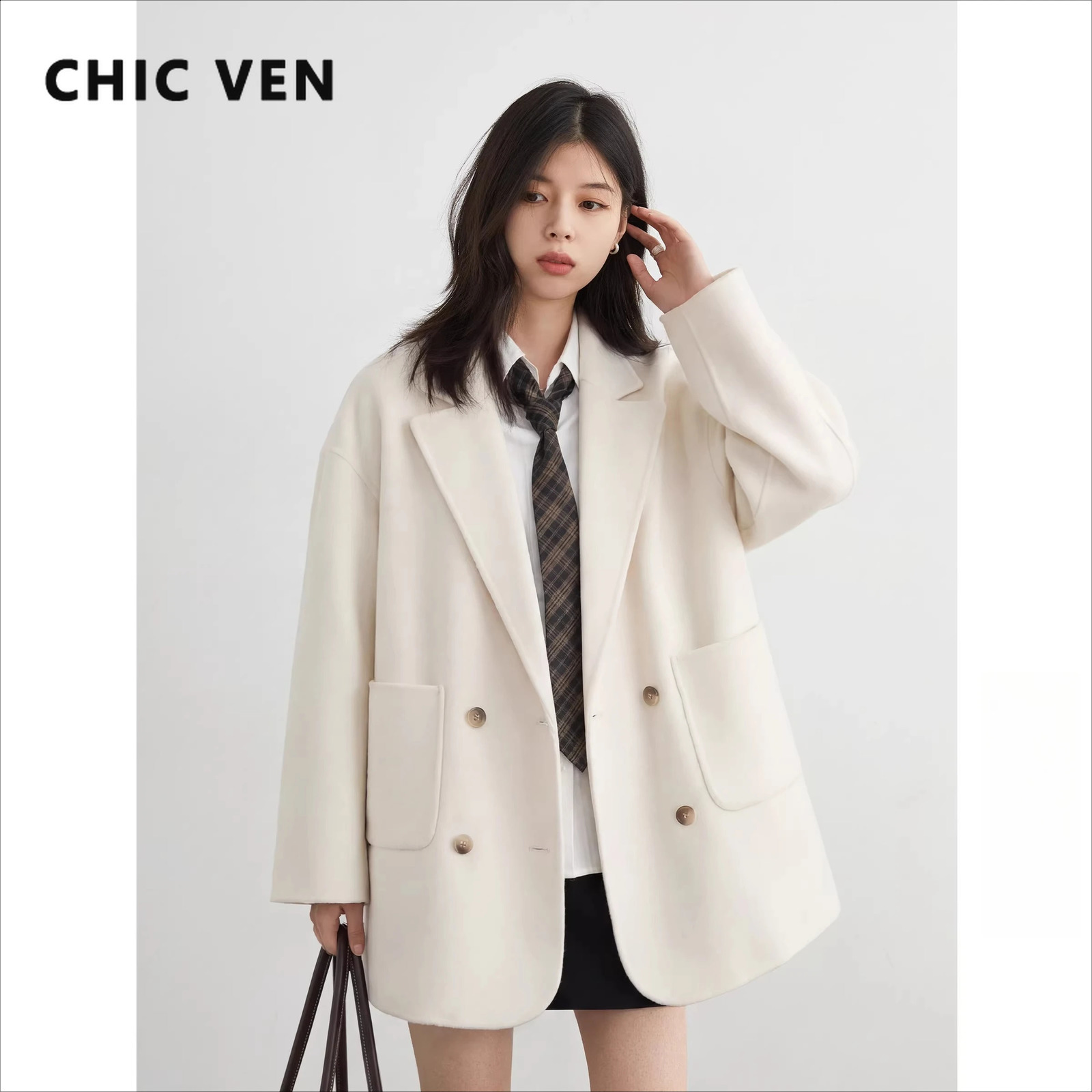 CHIC VEN Women Woolen Coat Loose Solid Mid-length Double-sided Oversized Office Ladies Jackets Outerwear Autumn Winter 2026 260921