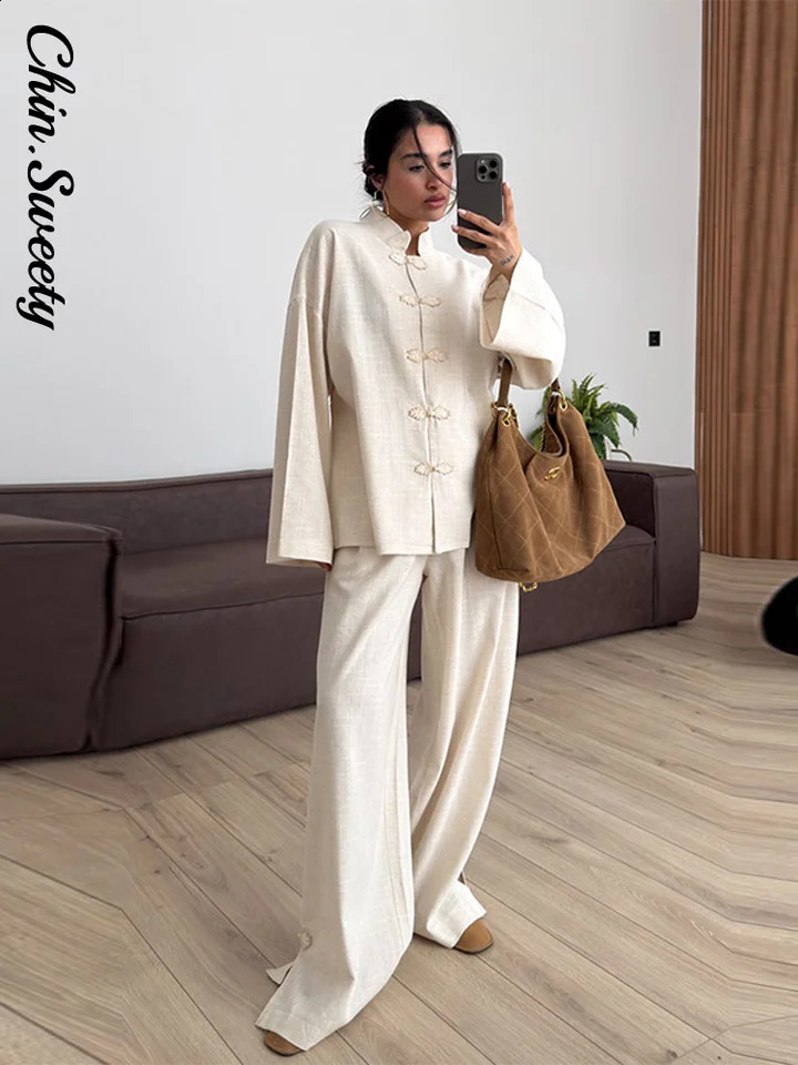 Casual Solid Women's Shirt Trouser Suits Long Sleeve Single-Breasted Wide Leg Pants Lady Set 2026 Spring Chic Lady Outfits 260920