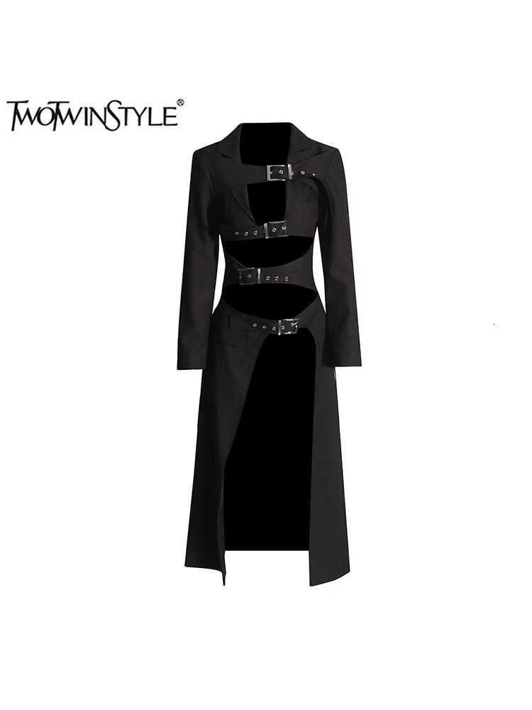 Hollow Women's Jackets TWOTWINSTYLE Solid Out Sexy Long Coat For Women Lapel Long Sleeve Spliced Belt Chic Sexy Asymmetrical Jackets Female New
