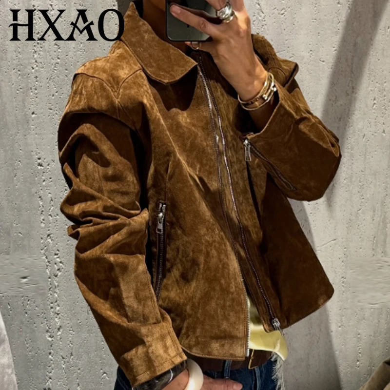 HXAO Women's Jacket Suede Bomber Autumn 2025 Crop Brown Outerwears In Coats Jackets Elegant Zip Up Long Sleeve Tops 260920