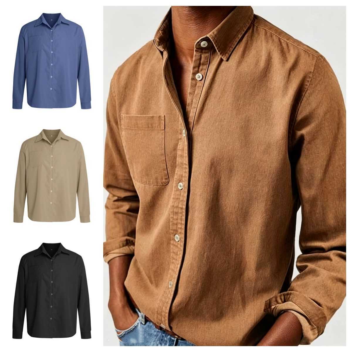 Fall Men's Casual Shirts Men's Long Sleeve Shirt Solid Color Loose Cotton Linen Shirt with Pockets Vintage Breathable Fashion Casual Shirt
