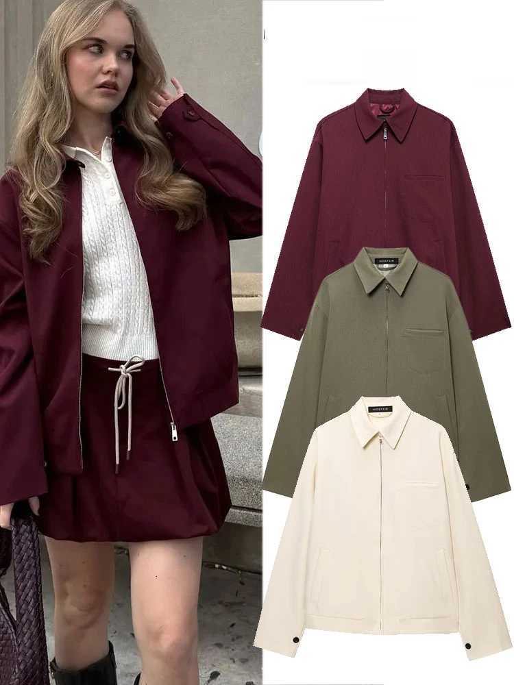 Women's Jackets HH Women's Autumn Fashion Burgundy Short Jacket Retro Lapel Long Sleeve Pocket Zipper Decoration Women's Casual Stree