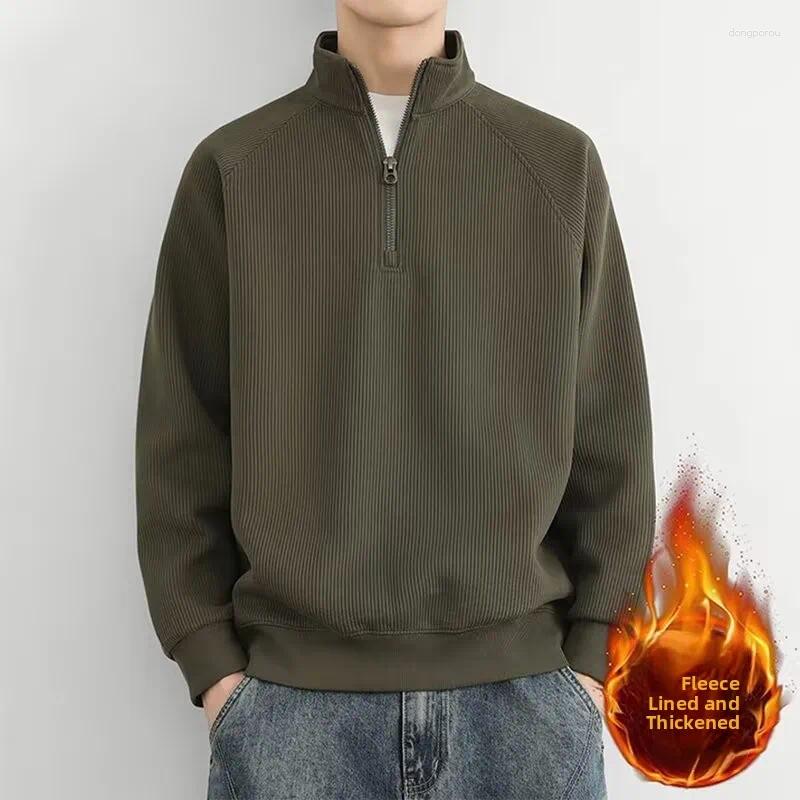 Sudadera con capucha gruesa con media cremallera para hombre, forro polar cálido, estilo informal, cuello levantado, moda de otoño e invierno, ajust