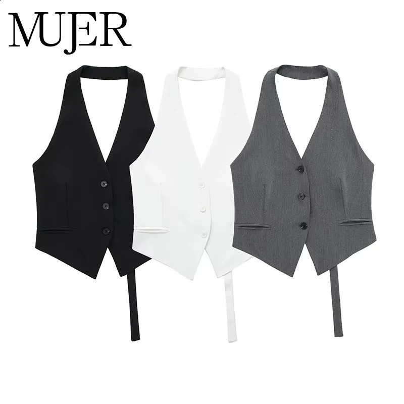 MUJER Off Shoulder Sleeveless Vest Women Black White Cropped Woman Fashion Backless V Neck Short Coats Summer Waistcoat 260828
