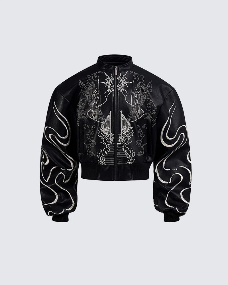 Gothic Embroidered Short Leather Jacket, Men Women Stand Collar Motorcycle Jacket for Autumn