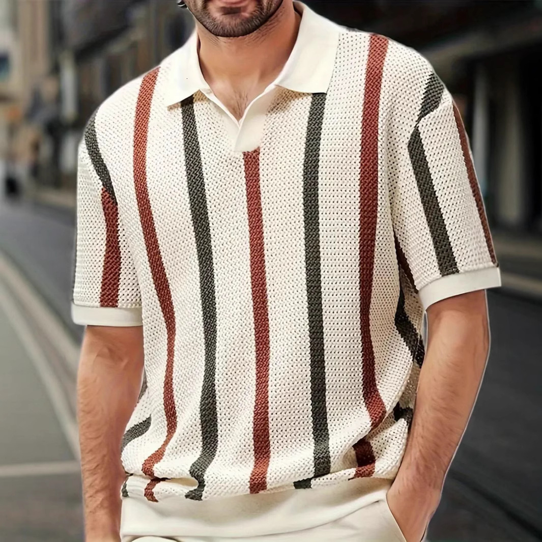 2026 New Design - European Style Men's Summer Short-sleeved T-shirt - Simple Design With Geometric Color Blocks And Stripes On Collar - Knitted