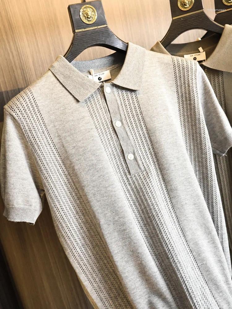 Elegant Hollow Out Knitted Shirt Men's Summer High Elasticity Short Sleeve Fashion Urban Style Breathable Soft Rell Cotton