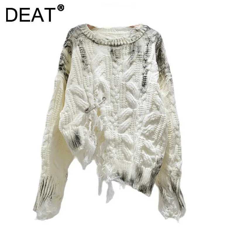 DEAT Women's Knitted Pullover Loose Broken Holes Split Irregular Long Sleeve O-neck Sweaters 2026 New Fashion Autumn 29A2892 S2609219KO7