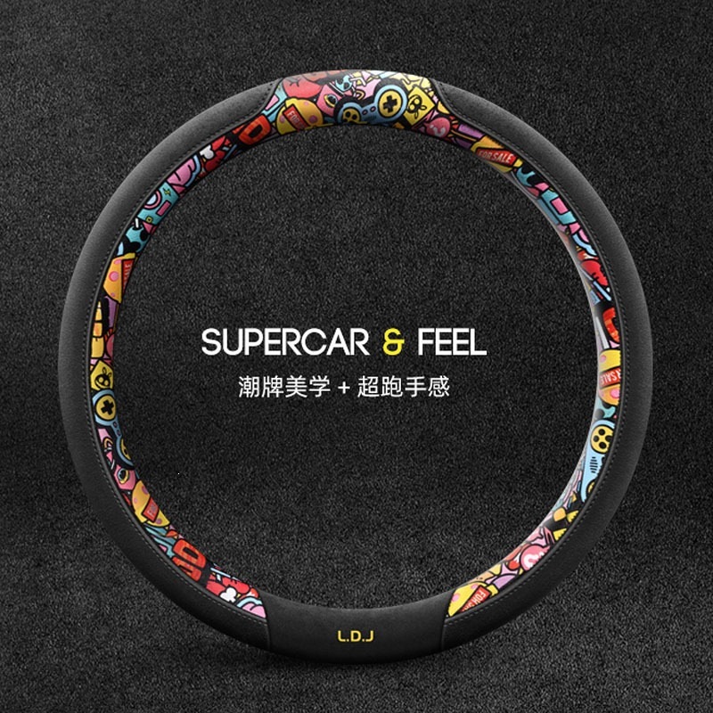 Car steering wheel cover in style, trendy cartoon design, popular online, unisex, suede, non-slip, suitable for all seasons