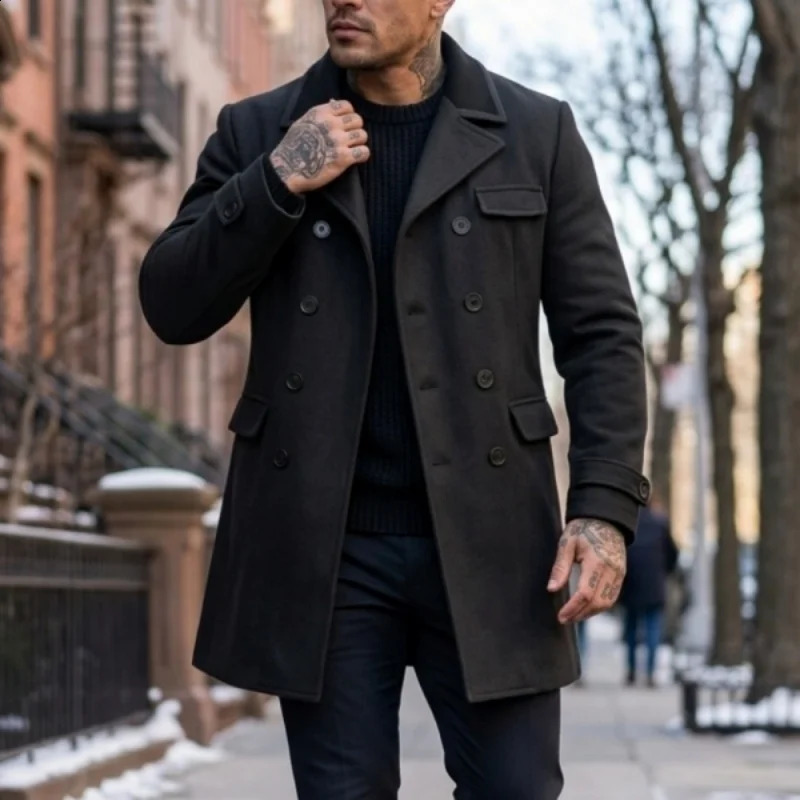 2026 Arrival Men's AutumnWinter Trench Coat Color Block Wool Blend Double Breasted Streetwear Jacket for Casual Formal Wear 260920