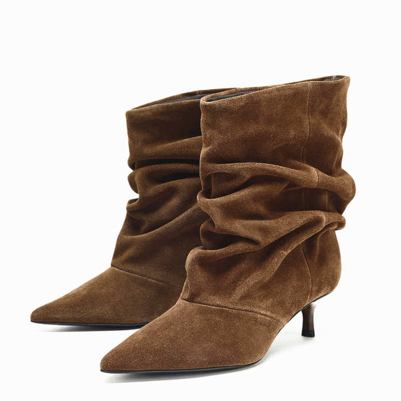 Pleated Cow Suede Design Boots Ankle Boots for Women Pointed Toe Kitten Heel Sexy High Heels Winter Designer Women's Shoe H260921