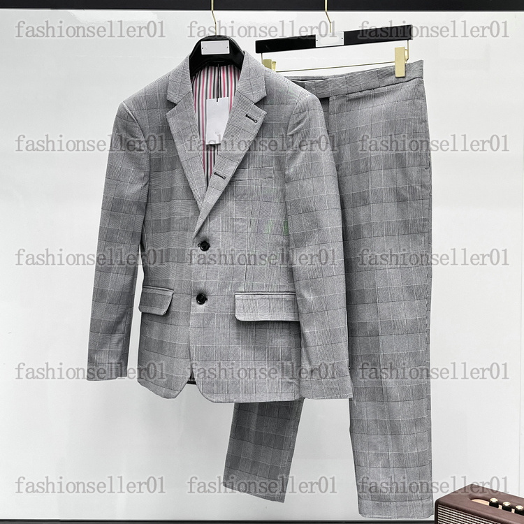 Mens Suits Blazers Western clothing designer classic Blazer sets luxury outwear coat slim fit gray plaid grid patchwork Webbing suit pants