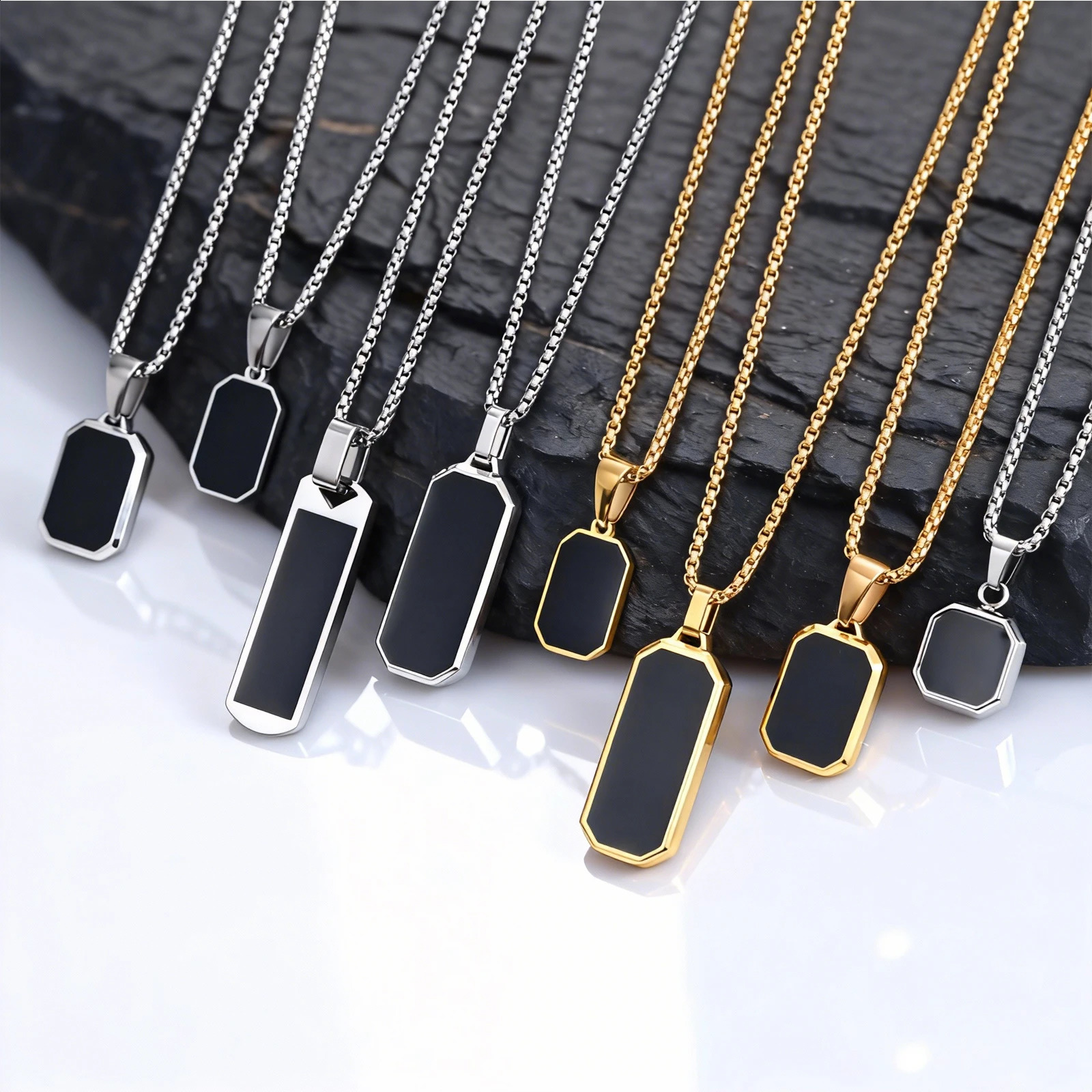 Stylish Men's Black Enamel Necklace Stainless Steel Geometric Square Small Dogtags Necklace Anniversary Birthday Father Gift260920