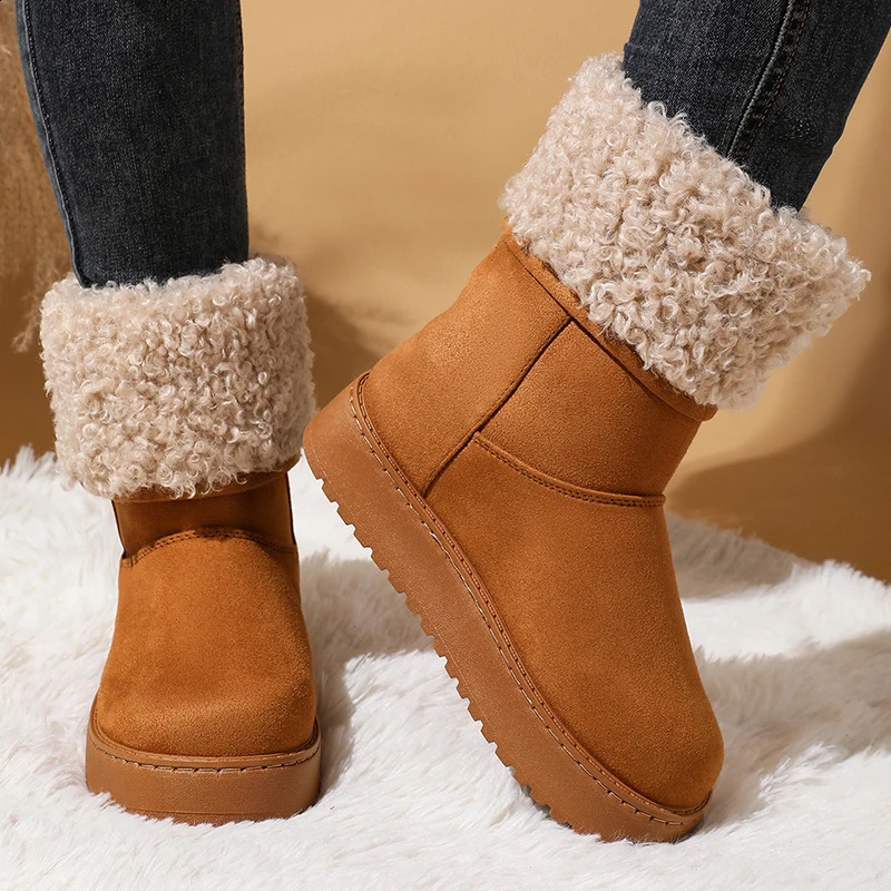 Fluffy Fur Cuff Platform Snow Boots Women Non-slip Thick Sole Winter Ankle Boots Woman Warm Thicken Plush Slip on Cotton Shoes 260918