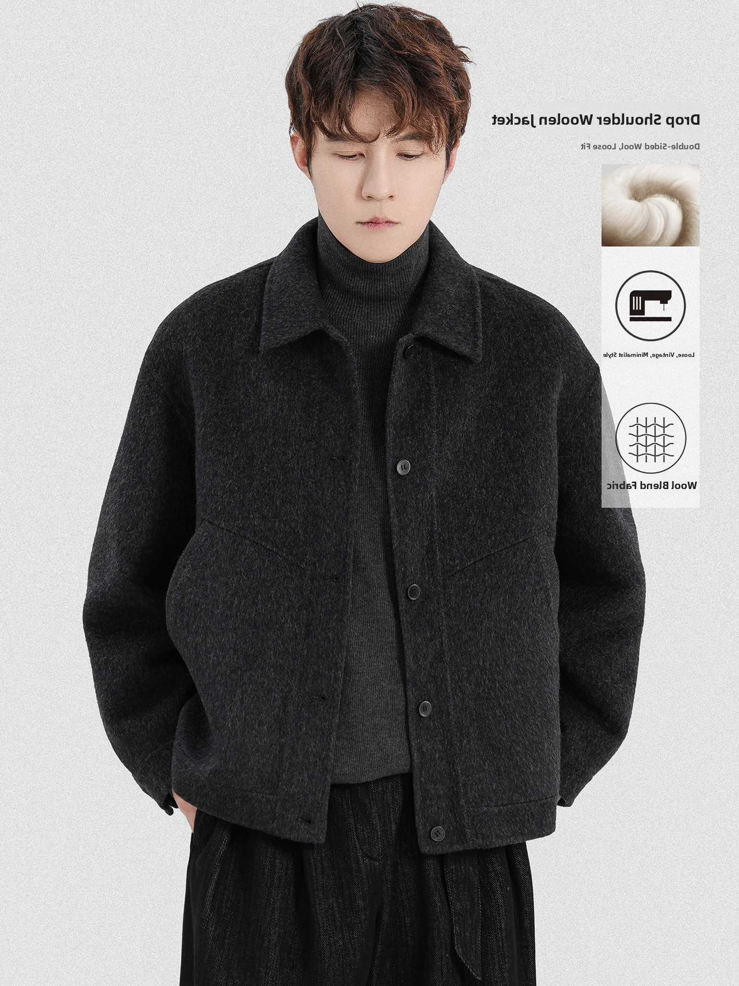 Double-Sided Men's Wool Blends Elegant Woolen Jacket by ErSha Simple Lapel Shoulder-Down Design Winter Outerwear for Men Youthful Style Long Sl