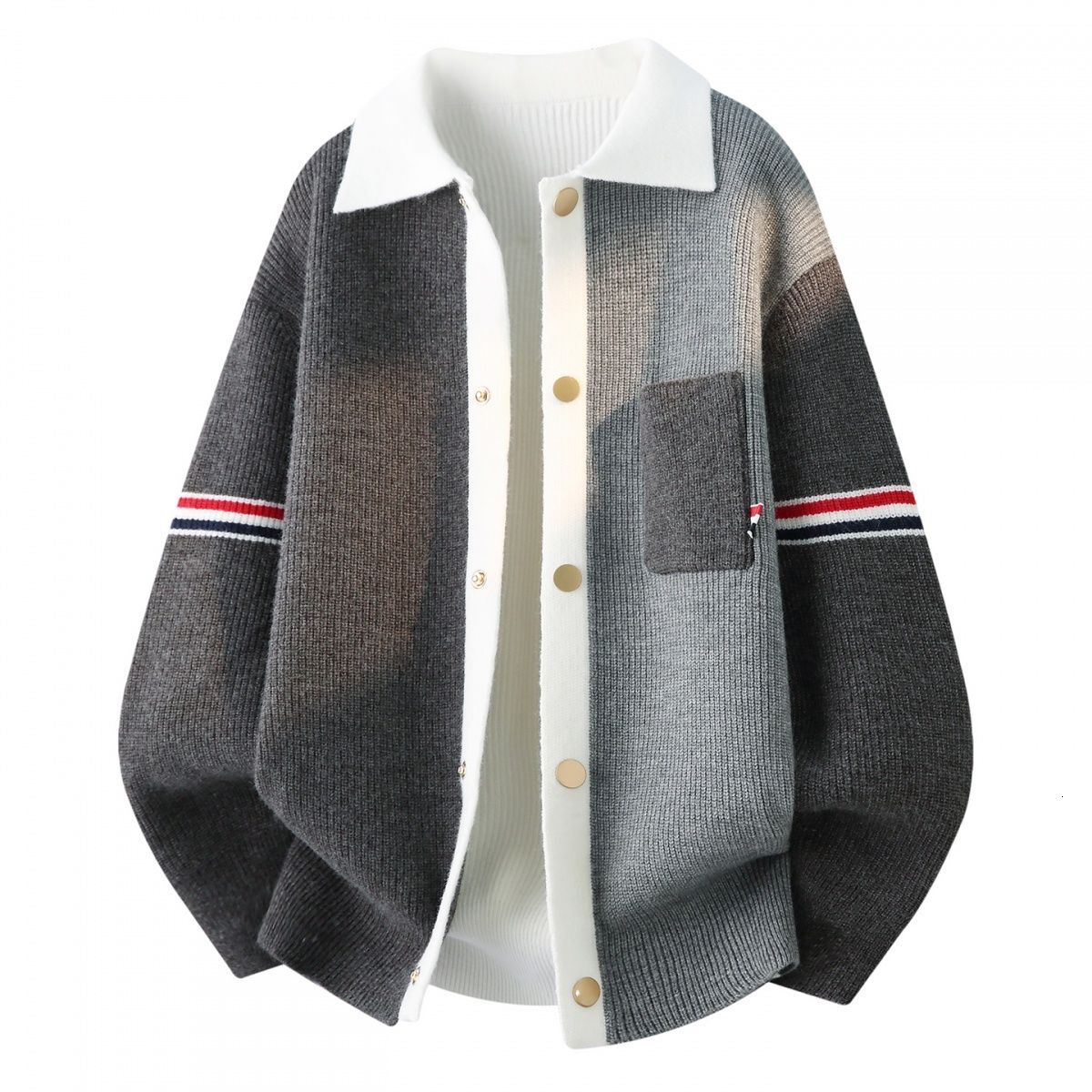 High quality knitted cardigan men's color blocked sweater with a stand up collar stylish and loose fitting thickened for warmth