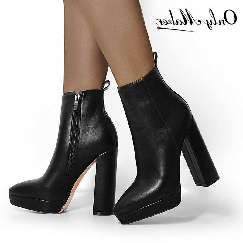Botas puntiagudas Onlymaker Toe Mujer Botines Negro Mate Flock Chunky Heel Plataforma Botines Zapatos de fiesta Botas cortas de gran tamaño H260921