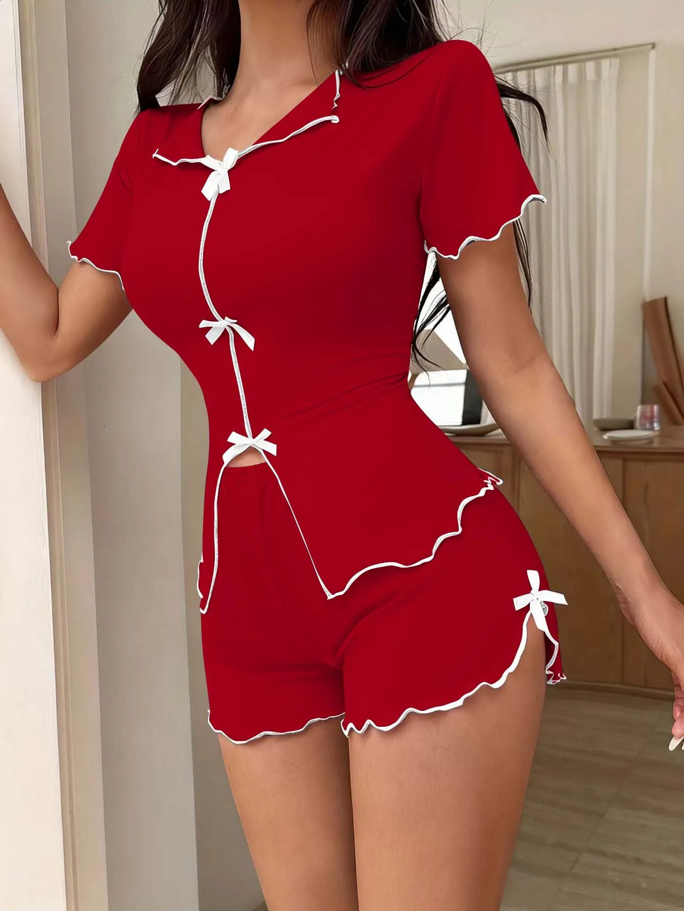 Women's Sweet Pajamas Set Bow Short Sleeve Top And Shorts Sleepwear 2 Piece For Women Summer Casual Elastic Homewear 260920
