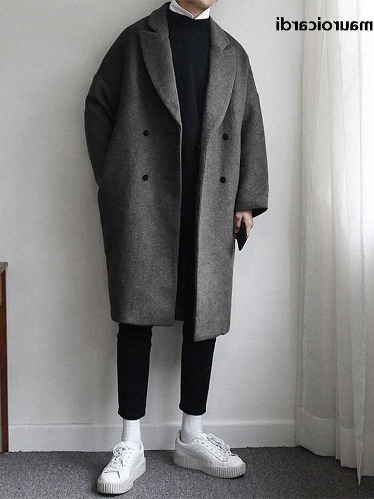 Wool Blends Mauroicardi Autumn Men's Winter Loose Casual Grey Black Soft Warm Woolen Coat Men Lapel Double Breasted Korean Fashion 2022 D260921