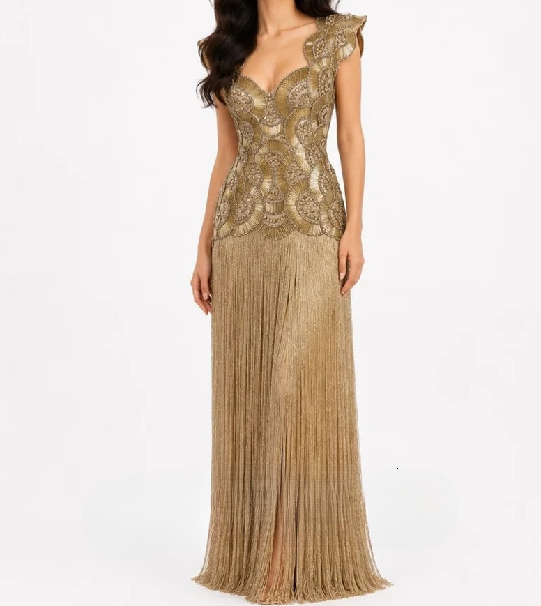 Elegant Gold Tank Evening Dresses Appliques Beadings Tassel A Line Floor Length Prom Party Gowns Women Formal Occasion Vestidos de fiesta 917