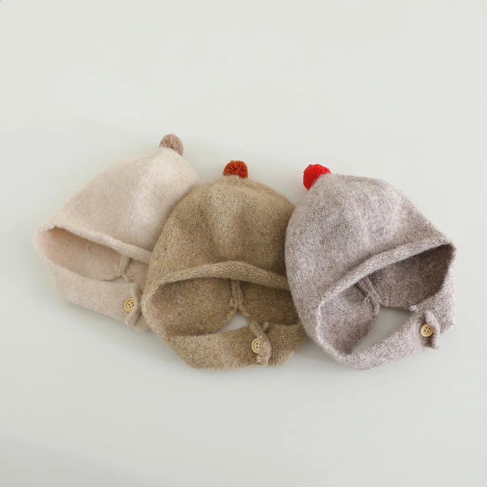 Winter Knitted Baby Earflap Hat Cute Pompom Infant Beanie Cap Solid Color Kids Boys Girls Ear Protection Caps 260920