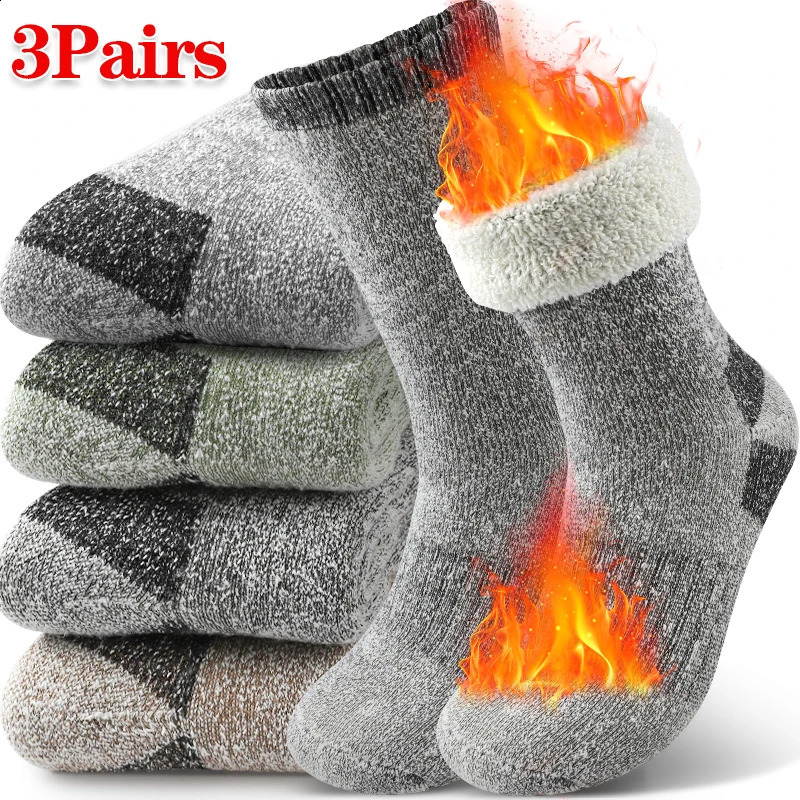 3Pairs Winter Men Socks Super Thick Thermal Mid Calf Warm Wool Skiing Sports 26921