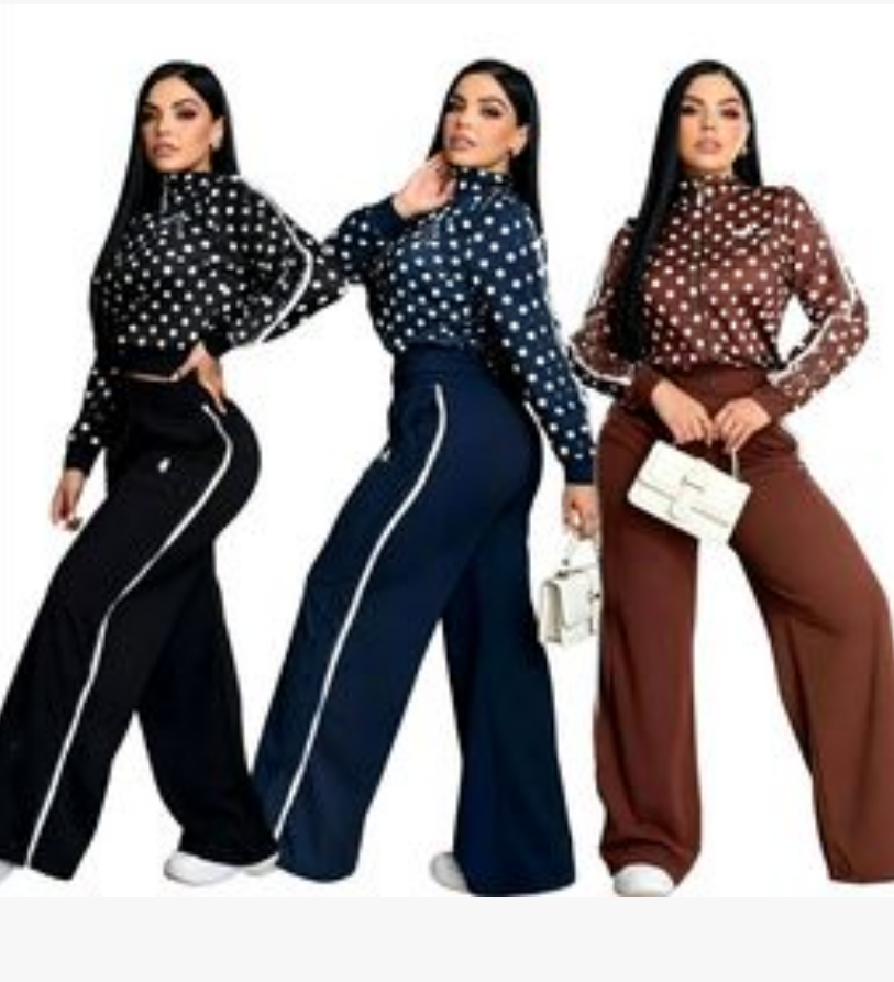 New Women's polka dot Tracksuit fashion embroidered zipper jacket +high waist wide leg pants sports leisure two-piece sets
