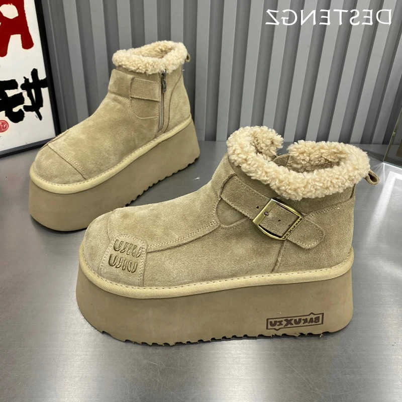 Botas de piel nueva con plataforma para mujer, botines planos de ante, cálidos, de diseñador de tendencia, de felpa corta, cómodas, para nieve, H260