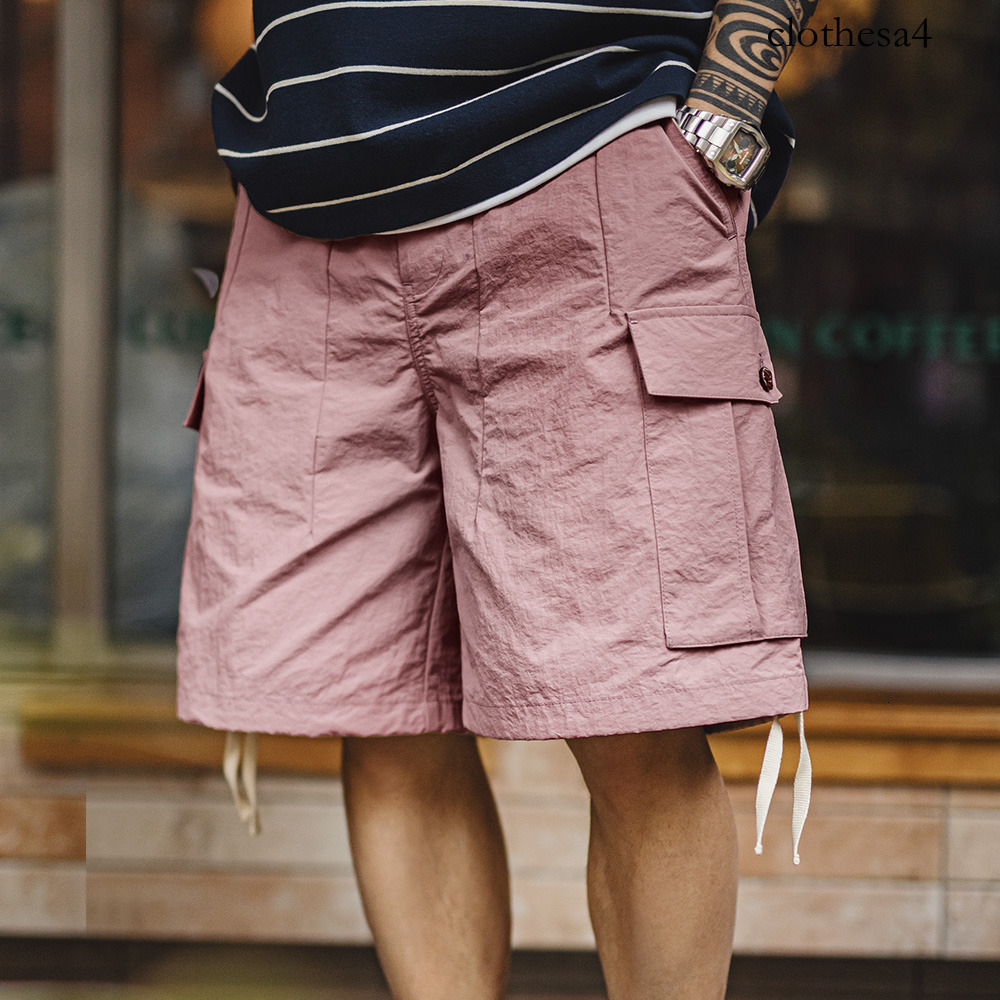 Maden Outdoor Quick-Dry Pink Cargo Men's Summer Lightweight Woven Elastic Waist Shorts Loose Straight Bottoms for Sports