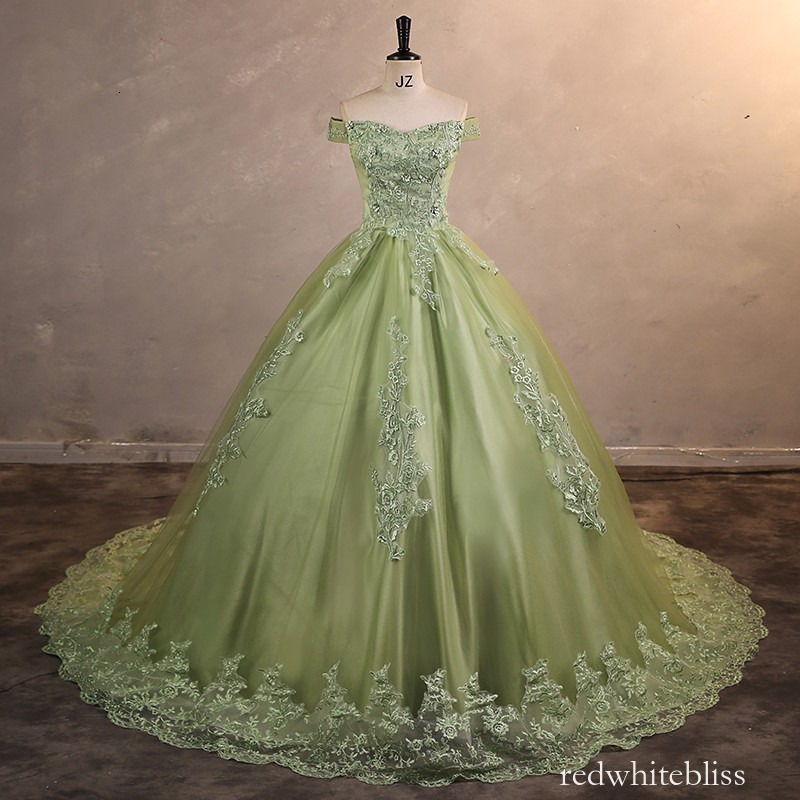 Elegant Green Quinceanera Dresses With Corset Bow Sash Back Ball Gown Off the Shoulder Appliques Teens Evening Party Dress Luxury Lace Prom Gown cus