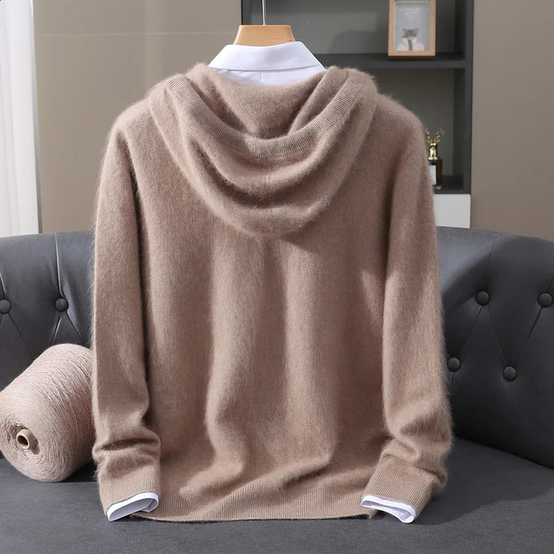 Autumn Winter 100% Mink Cashmere Sweater Men's Solid Color Hooded Pullover Knitted Sweater Loose Casual Top For Outdoor Wear 260918