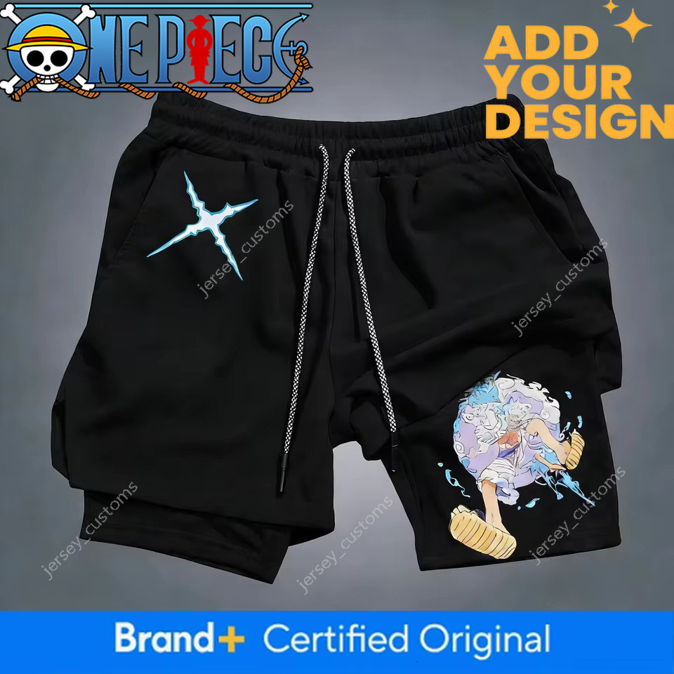 One piece of anime Luffy printed double-layer shorts, suitable both men women, a new summer style for swimming fitness, quick-drying and breathable
