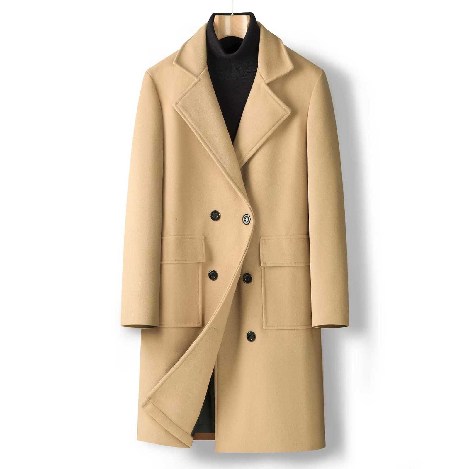 Wool Blends New Autumn Men's Winter Men's Double Breasted Woolen Coats Solid Color Business Casual Mid-Length Outwear Male England Style T