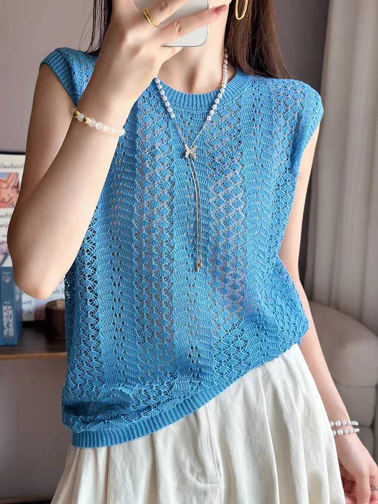 Women's T-Shirt Women's Summer Crew Neck Knit Sleeveless Tank Top Soft Fabric Trendy Slim Fit Solid Color Fashion Hollow-out Thin Camis Q2