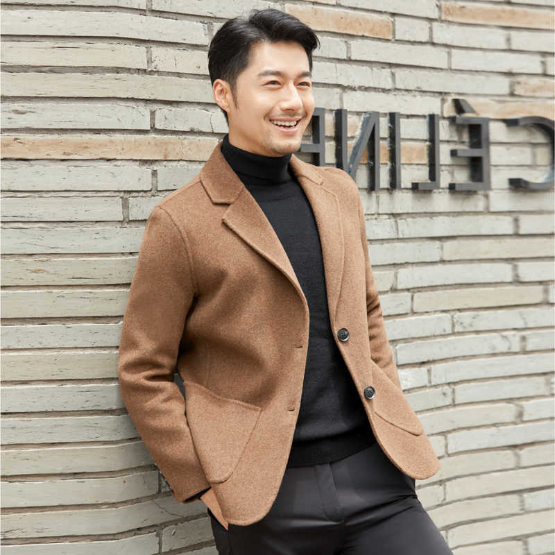 New Men's Wool 100% Blends Pure Wool Double-Sided Wool Coat for Men Slim Fit Slimming Suit Jacket Solid Color Lapel Simple Cardigan D260921